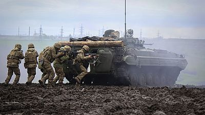 Ukrainian soldiers during training at the frontline in Donetsk region, Ukraine, Saturday, April 15, 2023. 