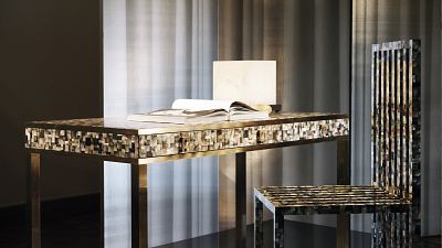 Armani/Casa's mother-of-pearl dressing table on show at Palazzo Orsini in Milan