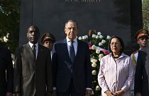 Russia's Foreign Minister Sergey Lavrov poses for a photo during a wreath laying ceremony at the Jose Marti Monument in Havana, Cuba, Thursday, April 20, 2023.