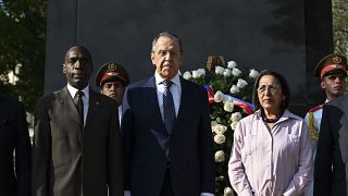Russia's Foreign Minister Sergey Lavrov poses for a photo during a wreath laying ceremony at the Jose Marti Monument in Havana, Cuba, Thursday, April 20, 2023. 
