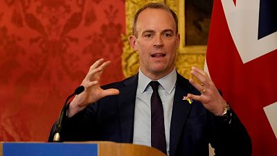 Dominic Raab, Deputy Prime Minister, and Minister for Justice, gestures as he speaks at a press conference, 20 March 2023