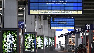 A display board at Stuttgart Central Station, Germany, Friday, April 21, 2023.