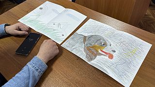 Moskalev's lawyer Vladimir Biliyenko shows drawings that Maria Moskaleva, daughter of Alexei  Moskalev, drew for her father in a courtroom