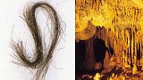 Human hair strands deposited in the trilobed container (left) and Inner chamber of Es Càrritx cave (right)
