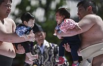 Síró csecsemők egy baba szumóversenyen Tokióban 2016. április 29-én