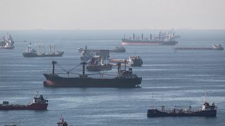 Ukrán gabonát szállító teherhajók horgonyoznak a Márvány-tengeren, Isztambul partjai előtt 2022. október 22-én