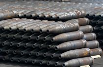 FILE: 155 mm M795 artillery projectiles are stacked during manufacturing process at the Scranton Army Ammunition Plant in Scranton, Pa., Thursday, April 13, 2023.