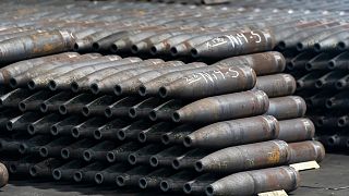 FILE: 155 mm M795 artillery projectiles are stacked during manufacturing process at the Scranton Army Ammunition Plant in Scranton, Pa., Thursday, April 13, 2023.