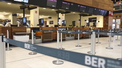 Interior view of an almost deserted terminal at BER Airport in Berlin, Germany, Monday, April 24, 2023