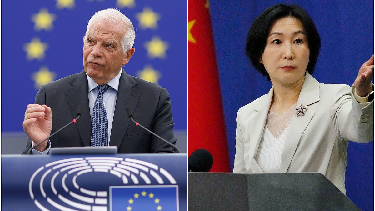 El alto representante de la Unión Europea (UE) para Asuntos Exteriores, Josep Borrell; y la portavoz del Ministerio de Exteriores de China, Mao Ning.