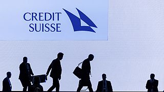 Le logo du Crédit Suisse, lors de l'assemblée annuelle des actionnaires, le 4 avril 2023, Zurich