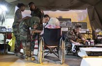 This photo provided by the French Army shows military nurses taking care of French citizen after arriving in Djibouti, Sunday, April 23, 2023.