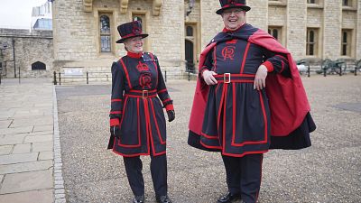 London's Beefeaters don uniform with insignia of Charles III