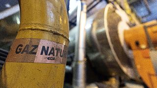A sticker reads "natural gas" on a pipe at the French company R-CUA plant, in Strasbourg, eastern France, Oct. 7, 2022. 