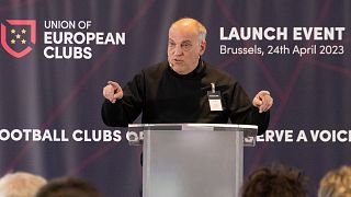 La Liga President Javier Tebas at the Union of European Clubs launch event in Brussels on 24th March