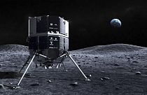 Die ispace - Illustration zeigt das Raumsonde Hakuto auf der Mondoberfläche mit der Erde im Hintergrund.