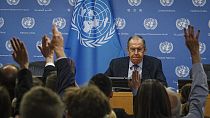 Russia's Foreign Minister Sergey Lavrov watch as reporters raise hands to ask questions during a press conference at the United Nations, Tuesday April 25, 2023 at the UN HQ.