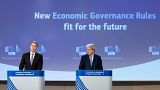 Les commissaires européens Valdis Dombrovskis (à gauche) et Paolo Gentiloni (à droite) présentent des propositions économiques en avril 2023.
