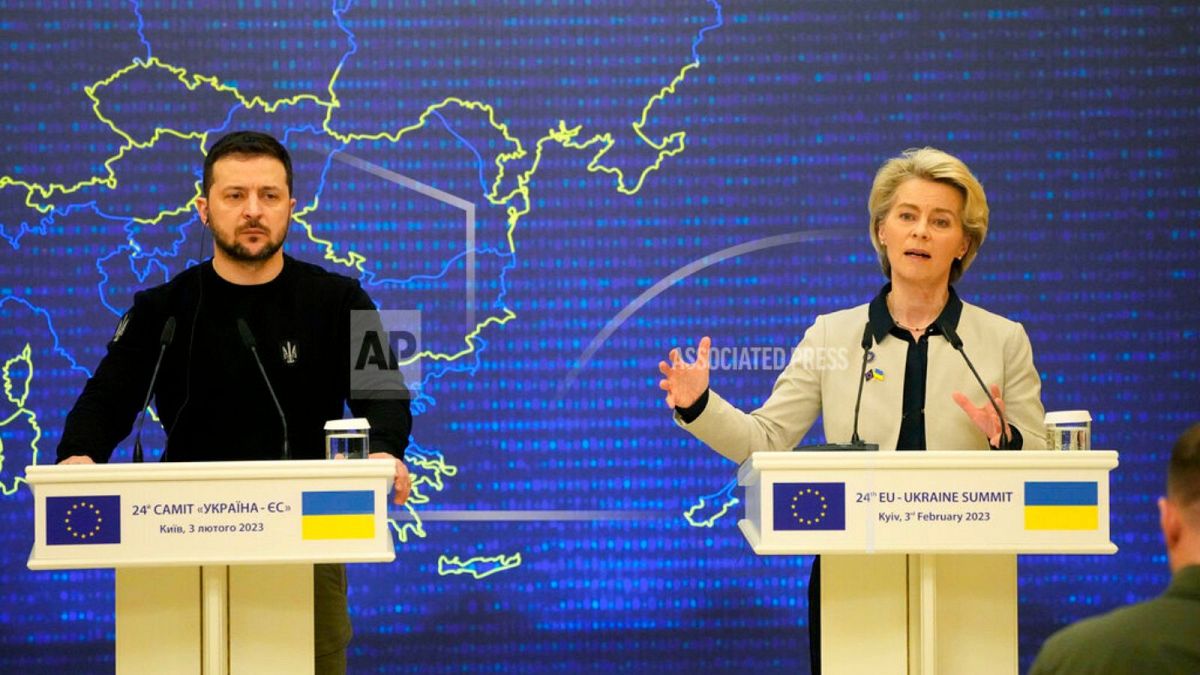 Ukrainian President Volodymyr Zelenskyy, left, and European Commission President Ursula von der Leyen address a media conference after the EU-Ukraine summit in Kyiv, Ukraine, 