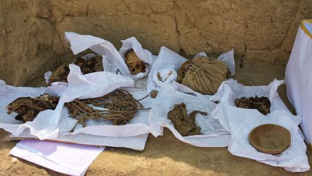 The remains of a pre-Inca individual unearthed at the Cajamarquilla Archaeological Complex in Cajamarquilla, Peru. 