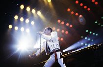Freddie Mercury, lead singer of the rock group "Queen", during a concert at the Palais Omnisports de Paris Bercy in 1984