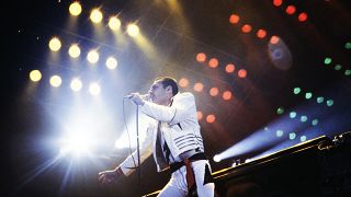 Freddie Mercury, lead singer of the rock group "Queen", during a concert at the Palais Omnisports de Paris Bercy in 1984