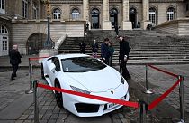 A Lamborghini car is on display during an auction of items seized by the courts in drug trafficking cases, at the Paris Court of Appeal