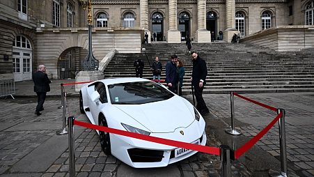 A Lamborghini car is on display during an auction of items seized by the courts in drug trafficking cases, at the Paris Court of Appeal