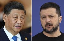 This combination of file photos shows China's President Xi Jinping and Ukrainian President Volodymyr Zelensky.