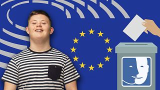 Composite image showing a person with Down Syndrome and a ballot box.