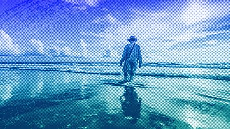 An illustration of a scientist wading into the ocean at a beach