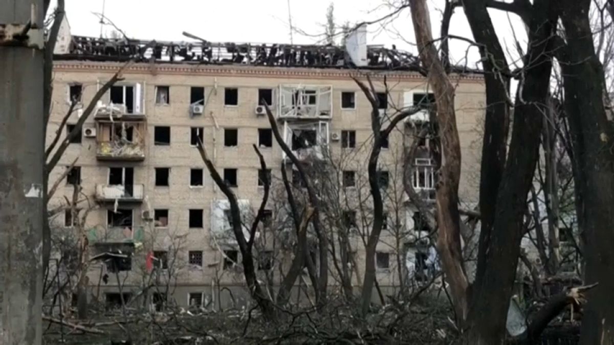 A badly damaged residential building hit by a Russian missile in Mykolaiv