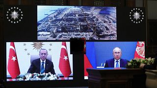 Presidents Erdogan and Putin in a video link to inaugurate a nuclear power plant. April 27, 2023
