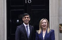 Britain's Prime Minister Rishi Sunak welcomes Italian Prime Minister Giorgia Meloni to 10 Downing Street in London, Thursday, April 27, 2023.(AP Photo/Alberto Pezzali)