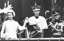 The now King Charles in full royal regalia at his investiture at Caernarfon Castle in 1969