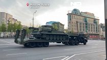 A tank on a low loader in Moscow, Russia, April 28, 2023