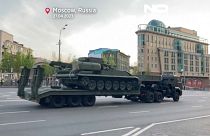 A tank on a low loader in Moscow, Russia, April 28, 2023