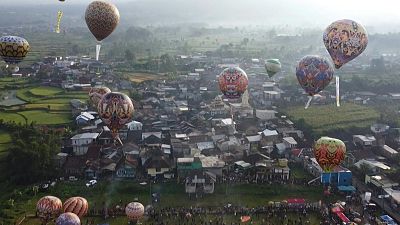 Hot air balloons above Java, Indonesia. April 2023