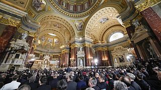 A view of St. Stephen's Co-Cathedral as Pope Francis delivers his speech, April 28, 2023
