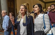 Hope Carrasquilla, right, with Cecilie Hollberg, director of Florence's Galleria dell'Accademia museum looking at the David statue