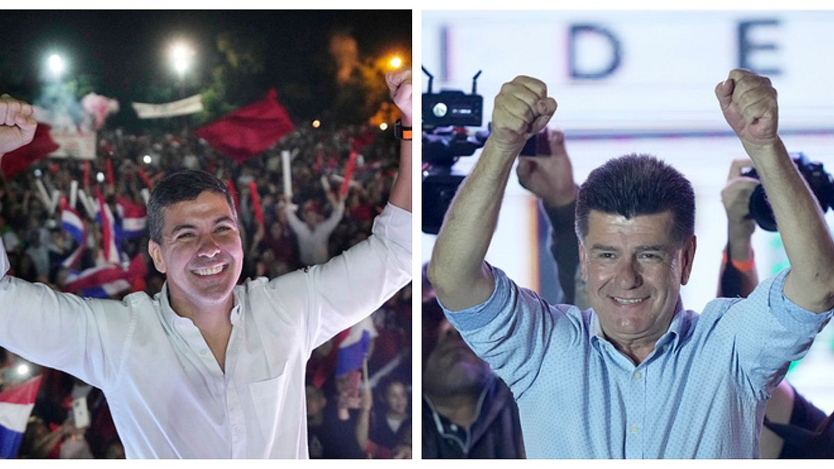 Colorado Partisi adayı Santiago Pena (solda) ve Yeni Paraguay koalisyonunun adayı Efrain Alegre (sağda) Paraguay cumhurbaşkanı olmak için sandıkta  yarışıyor