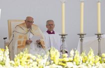 Pope Francis delivers his speech during a mass in Kossuth Lajos' Square in Budapest, Hungary, Sunday, April 30, 2023