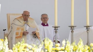 Pope Francis delivers his speech during a mass in Kossuth Lajos' Square in Budapest, Hungary, Sunday, April 30, 2023