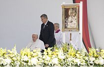 Pope Francis arrives on the altar for a mass in Kossuth Lajos' Square in Budapest, Hungary, Sunday, April 30, 2023. 