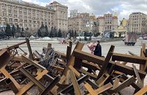 Archive photo of metal anti-tank barriers in Maidan square in Kyiv, Ukraine