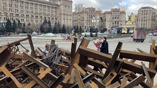 Archive photo of metal anti-tank barriers in Maidan square in Kyiv, Ukraine 