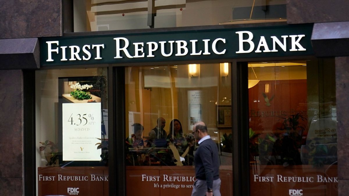 A pedestrian walks past a First Republic Bank in San Francisco on April 26, 2023. 