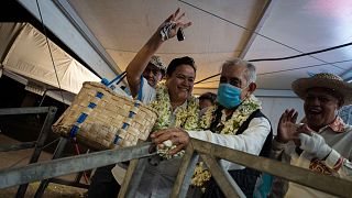 Pro-independence leader and former president of French Polynesia Oscar Temaru (C) celebrates the pro-independence Tavini party's victory, 30 April 2023