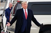 Former US president Donald Trump arrives at Aberdeen International Airport ahead of his visit to the Trump International Golf Links Aberdeen, Scotland. 1 May 2023