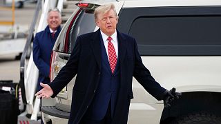 Former US president Donald Trump arrives at Aberdeen International Airport ahead of his visit to the Trump International Golf Links Aberdeen, Scotland. 1 May 2023